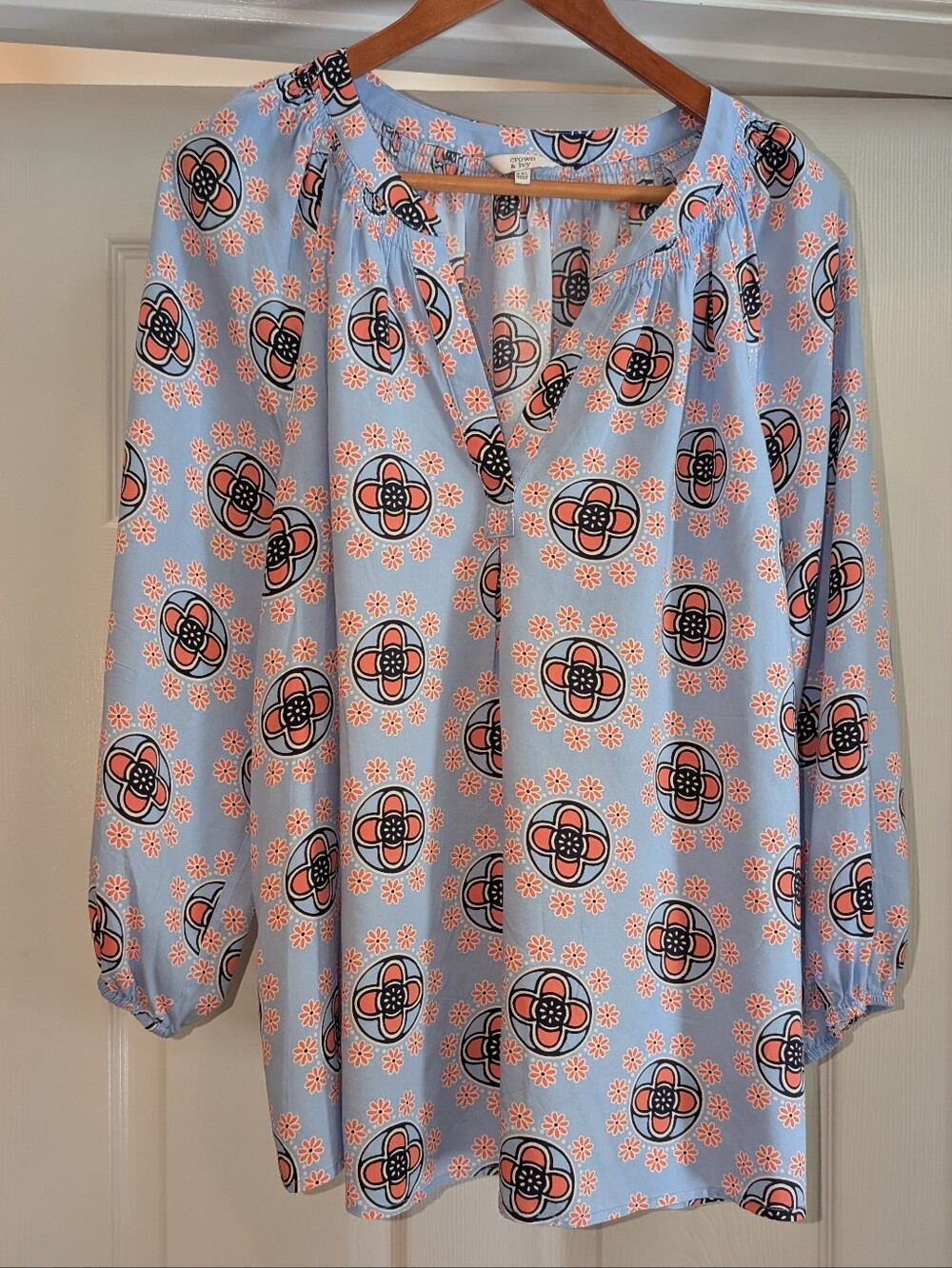 crown & ivy Light Blue Tunic with Coral and Navy Medallion Print